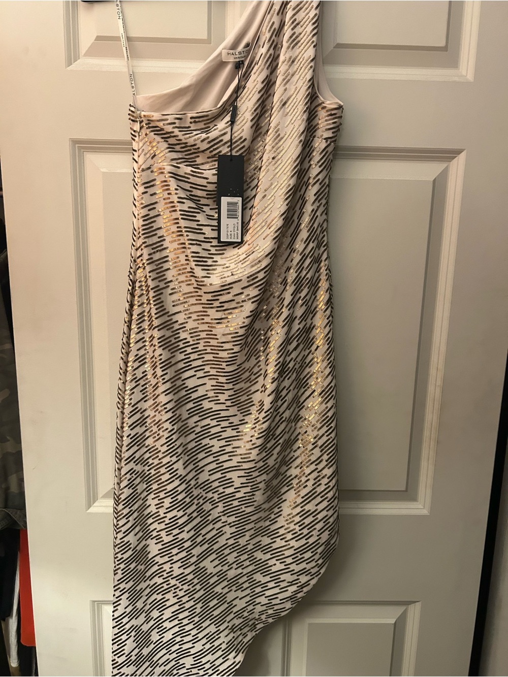 Halston Heritage One-Shoulder Ivory Dress with Gold Sequin Detail